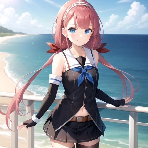 ((masterpiece)),(best quality),official art,extremely detailed CG,unity 8k wallpaper,ultra detailed,A lighthouse on a cliff by the sea,1girl,solo,cowboy shot,looking at viewer,very_long_hair,blue_eyes,black shirt,low_twintails,red_hair,school_uniform,hairband,ahoge,smile,asymmetrical_bangs,serafuku,navel,pleated_skirt,fingerless_gloves,elbow_gloves,hair_ribbon,white_belt,bangs,sleeveless_shirt,black_thighhighs,black_skirt,blue_neckerchief,black_gloves,loafers,<lora:Kawakaze(kan)>,