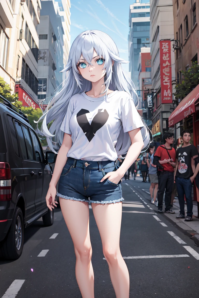 masterpiece, best quality, absurdres, BlackHeart, symbol-shaped pupils, t-shirt, denim shorts, standing, outdoors, city, hands in pockets, <lora:BlackHeart:1>