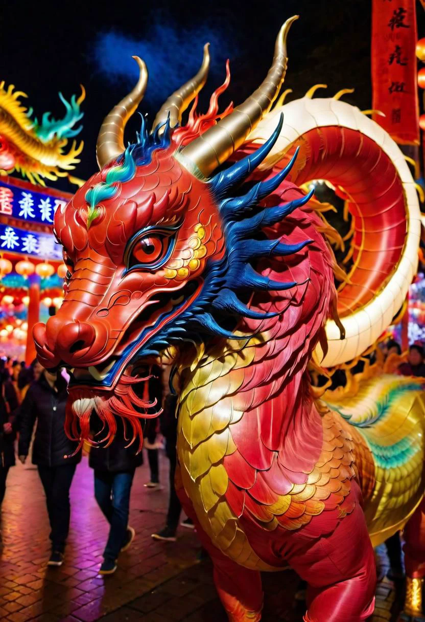 A vivid and ((multicolored Qilin), midnight, in a chinese red lantern festival street with people walking around), magnificent horns, vibrant feathers, majestic and legendary, captures attention with its vibrant hues, colorful high contrast, from china, festival of rich colors, hong kong, epic colors, formidable, rain, eyes lit, standing in the dark, anamorphic lens flares 4k, best of behance, holy flame crown spell, creative commons attribution, wallpaperflare, steven jung, trending on mentalray, hyper realstic, featured on pexels, big horn, highly beautiful, casting a magic spell, color overlay, =	,