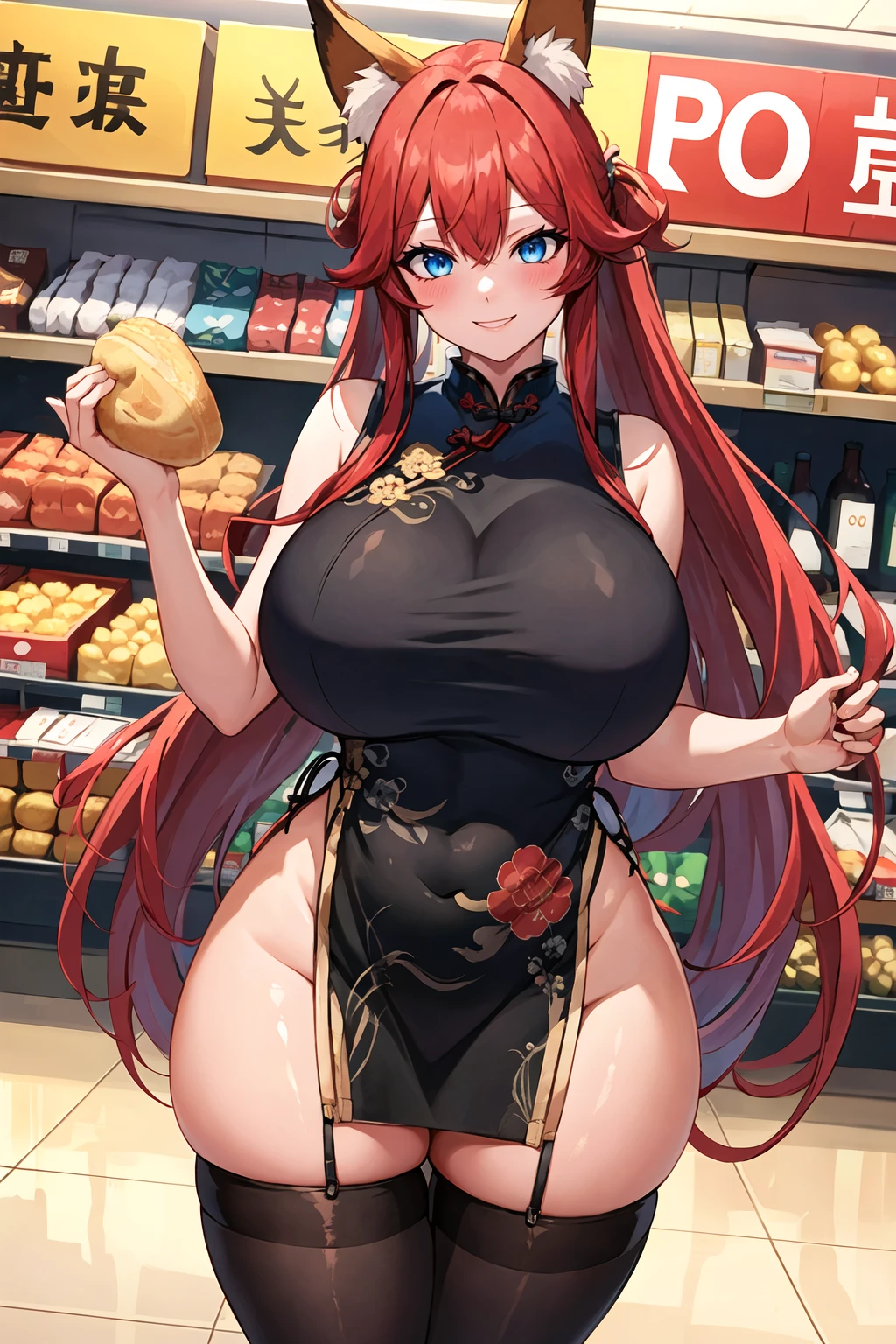masterpiece, best quality, 1girl, standing, full body, red hair, blue eyes, (qipao:1.2), (black chinese dress:1.2), (gigantic breasts:1.2),(wide hips:1.2),(thick thighs:1.2), black panties, black underwear ,smile,thighhighs,(blush:1.2),indoors, supermarket,choker, slender waist, fox girl, fox ears, long hair, (long qipao:1.2), skintight qipao <lora:Doco-Style-v1_428072:1>