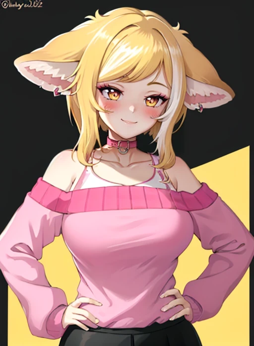 best quality, (masterpiece),(ultra-detailed), (high quality), (high resolution), <lora:shubyuwu:0.7> ,shubyuwu, white border, hand on hip, animal ear fluff, pink sweater, bare shoulders, large breasts, short hair, skirt, collar, off-shoulder sweater, sweater, piercing, long sleeves, earrings, ear piercing, smile, blonde hair, breasts, 1girl, sidelocks, jewelry, blush, black skirt, off shoulder, solo, twitter username, fox ears, choker, yellow background, collarbone, animal ears