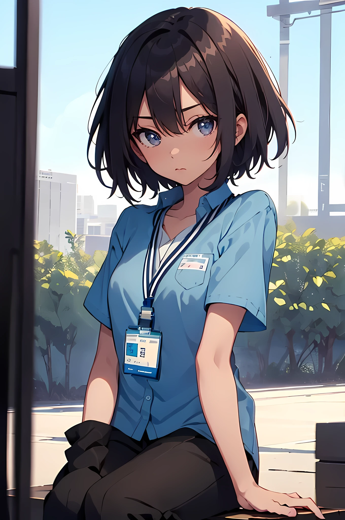 ((best quality)), (masterpiece), student, (detailed eyes), wearing uniform, short sleeves, light blue shirt, lanyard, black pants, sitting, park, anime