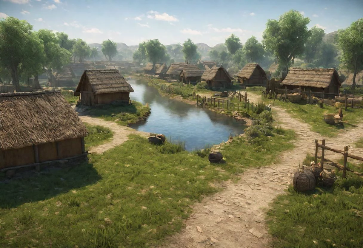 HDR,UHD,8K,Highly detailed,realistic,photo-realistic:1.37), Aa street of neolithic village near a river