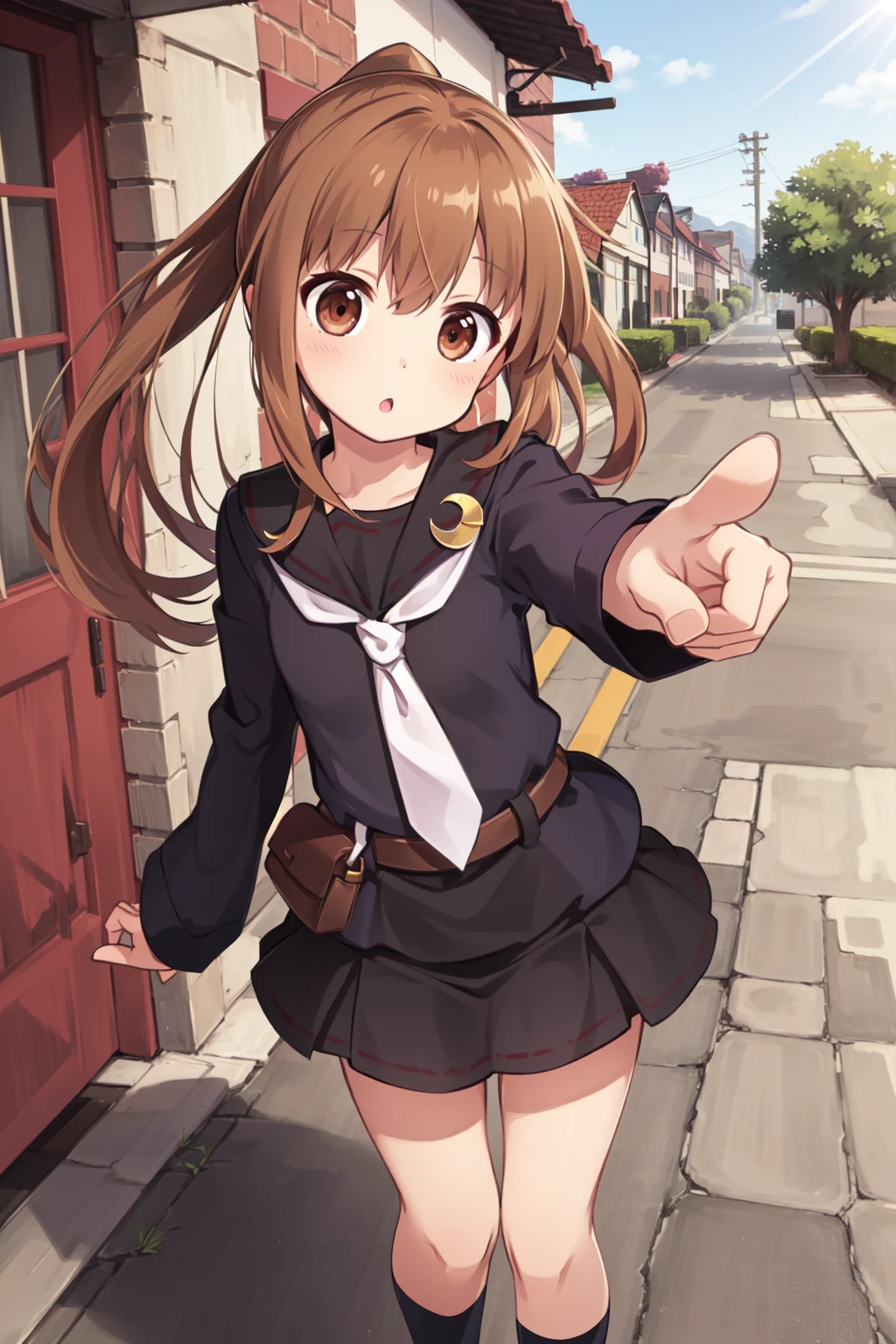 (masterpiece), (best quality), (ultra-detailed), photorealistic, (best illustration), ((an extremely delicate and beautiful)), 1girl, solo, base, black serafuku, white neckerchief, crescent pin, very long hair, ponytail, smile, flat chest, detailed scenery, sunlight, belt, black skirt, <lora:fumizuki_nai_3-04:0.9:lbw=OUTD> :o, (chestnut mouth), pointing at viewer, brown eyes, pointing, loafers, kneehighs, black socks, standing,  finely detailed iris, black shirt,