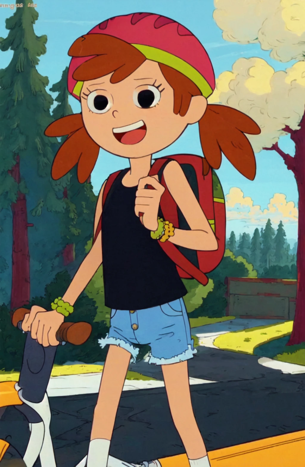 masterpiece, high quality, <lora:Amy Gillis SD1-5 V1:1> Amy Gillis, smile, open mouth, orange hair, helmet, jewelry, outdoors, bag, orange hair, bracelet, tree, backpack, nature, tank top, shorts, black eyes, twintails, cowboy shot,