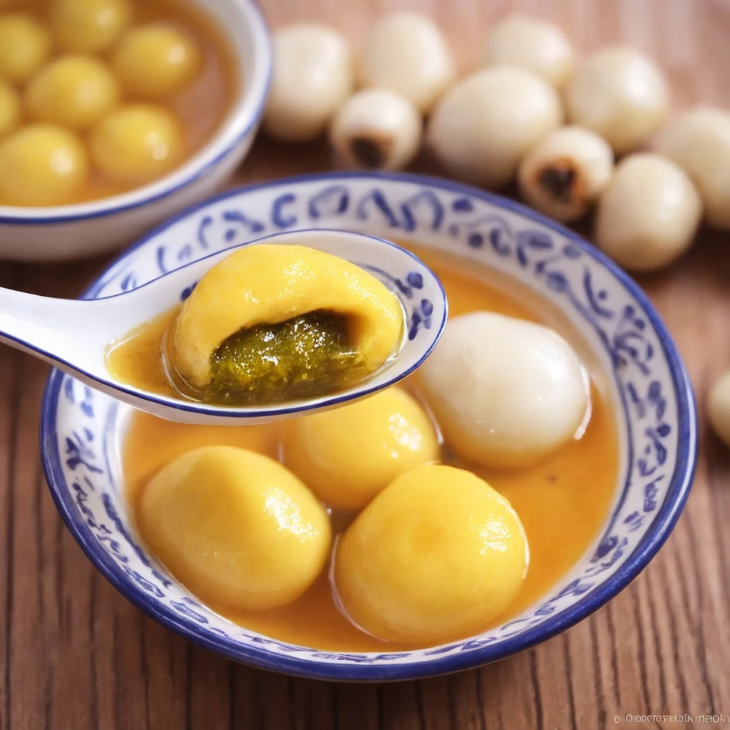 For a realistic style image of a spoon with some food in it,<lora:Tang_yuan:0.85>,curry jam filling,