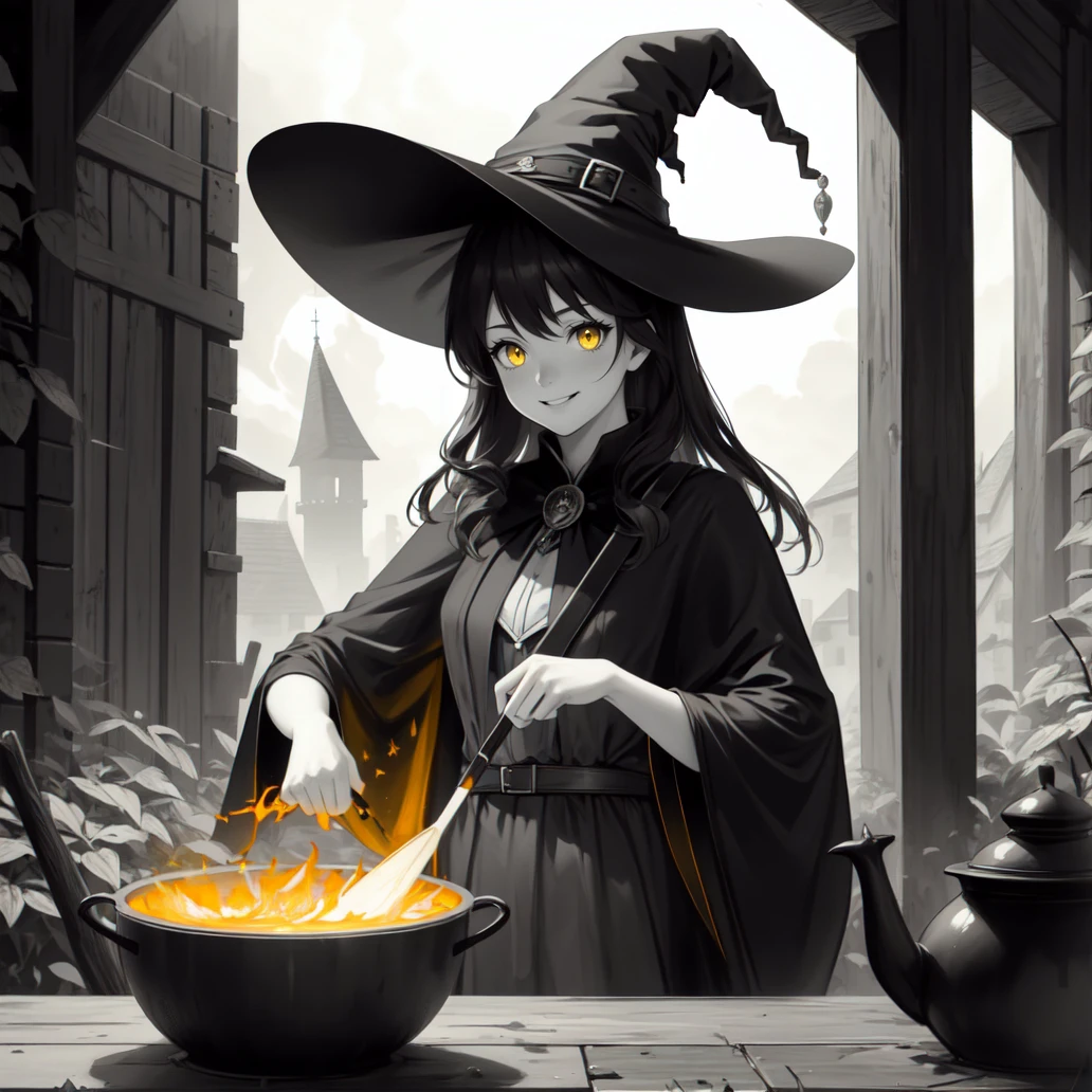 (masterpiece, best quality:1.2), (monochrome, spot color:1.08), 1girl, witch hat, witch, long hair, cooking, yellow eyes, night, cauldron, star (sky), smile, outdoors