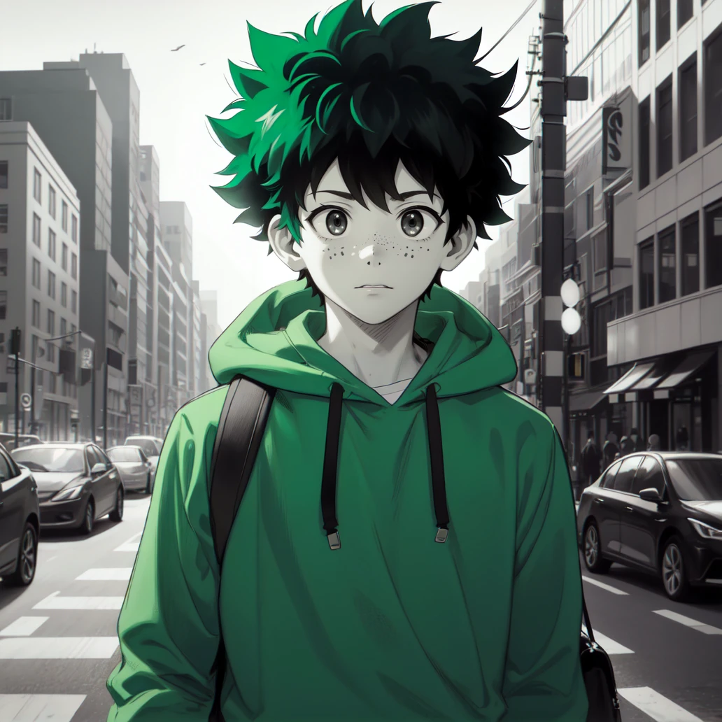 (masterpiece, best quality:1.2), (monochrome, spot color:1.08), midoriya izuku, male focus, freckles, green clothes, green hair, black eyes, 1boy, car, motor vehicle, solo focus, hood, bag, backpack, road, city, building, outdoors, looking up