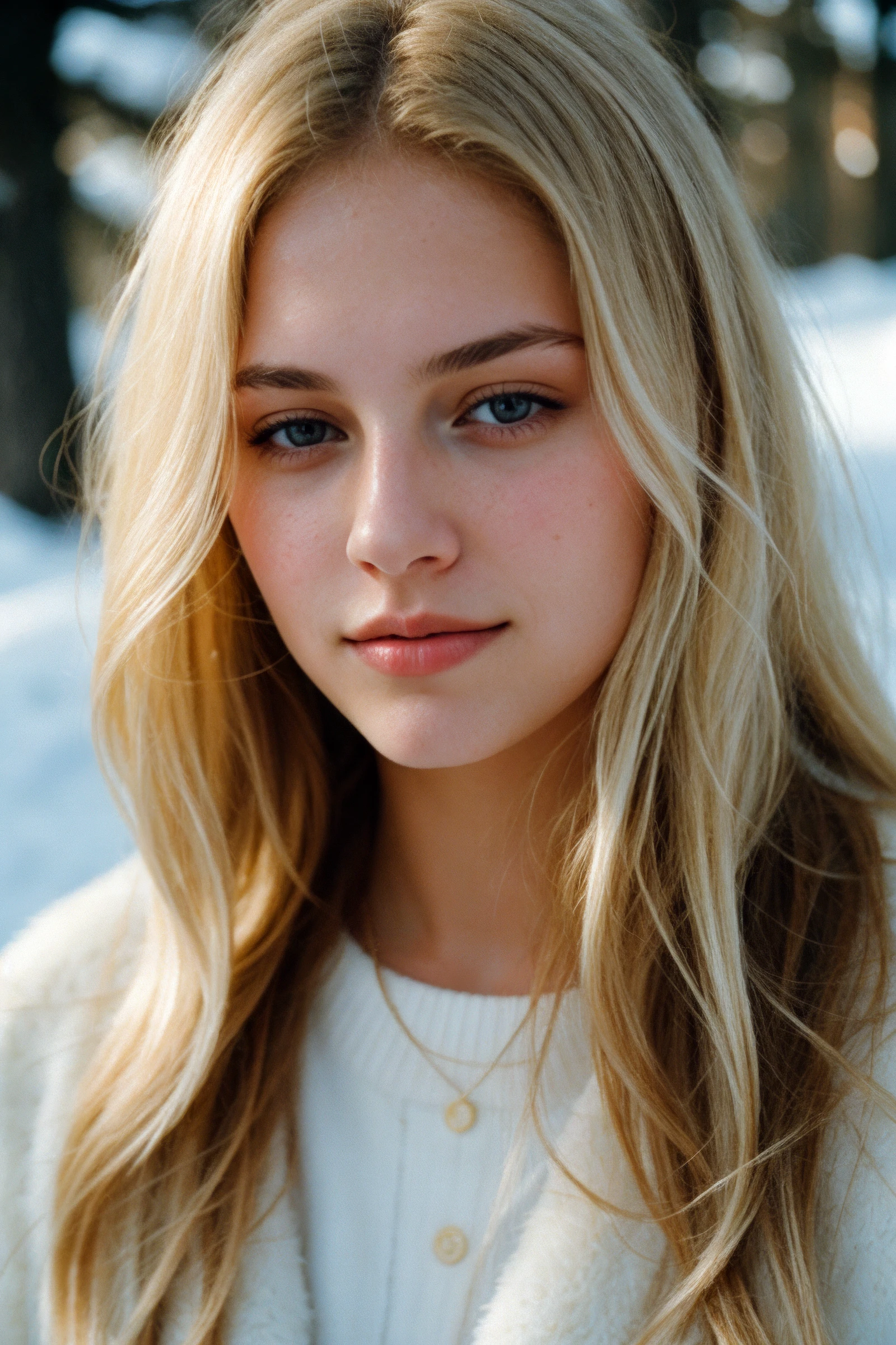 analog raw candid photo of a beautiful young woman, realistic skin texture, dirty blonde hair, slim, (closed mouth:1.1), erotic, relaxed, haze lighting, winter, snow, 35mm