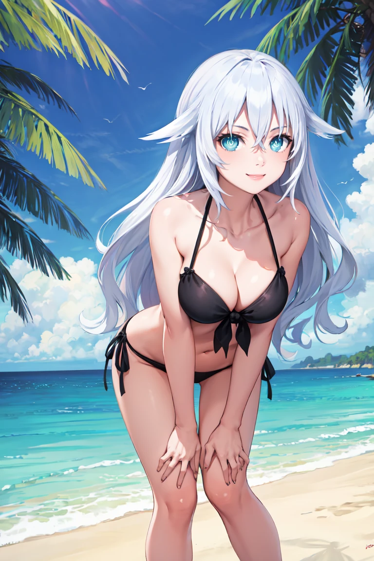 masterpiece, best quality, absurdres, BlackHeart, symbol-shaped pupils, bikini, cleavage, standing, leaning forward, smile, outdoors, beach scene, <lora:BlackHeart:1>