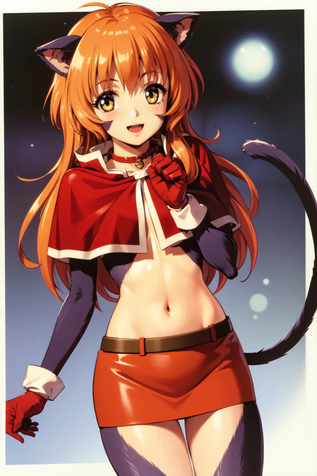 ninawort, 1girl, solo, tail, collar, capelet, red gloves, belt, skirt, navel, smile, open mouth,  <lora:ninawort_V5-10:0.7>