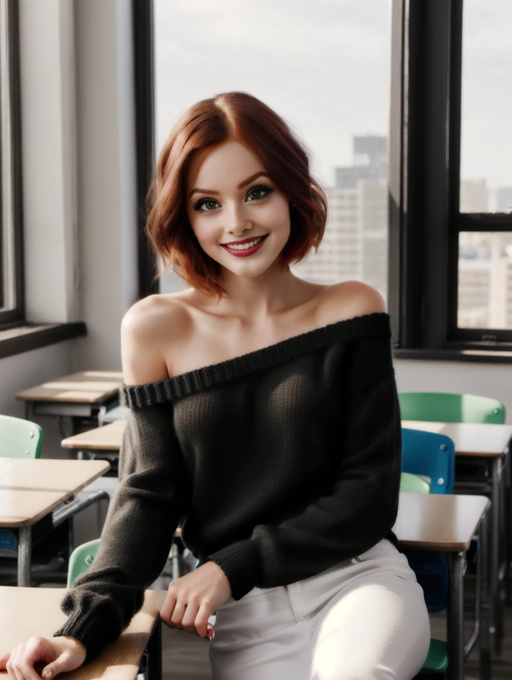 breathtaking smiling, black sweater, off-shoulder, sitting, in classroom, windows, rimlit, photorealistic, beautiful women, redhair <lora:AlienorV2:1>, masterpiece, award-winning, professional, highly detailed