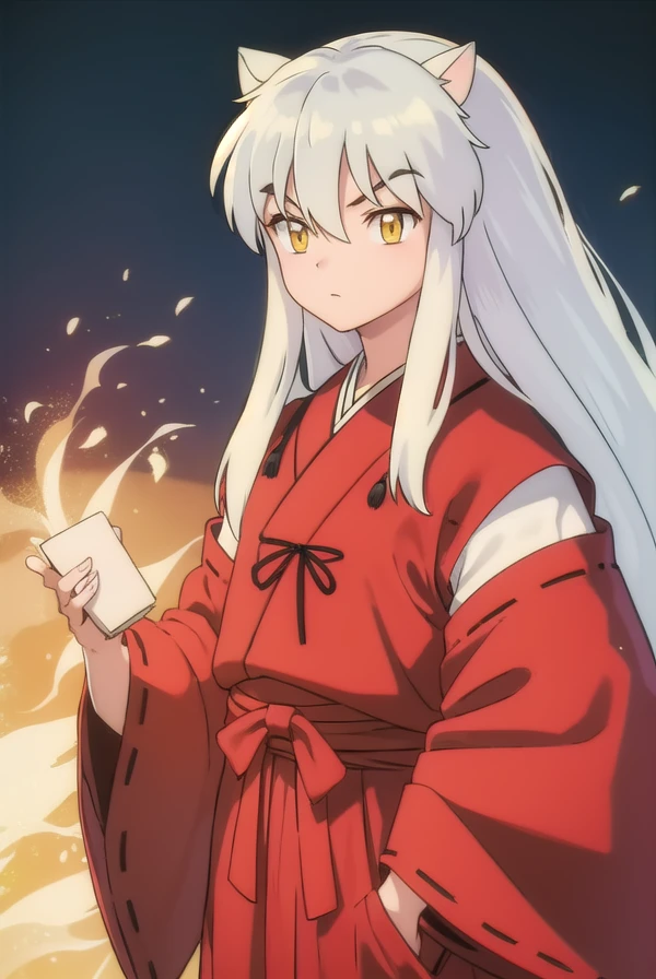 inuyashamc, <lora:inuyasha anime s4-lora-nochekaiser:1>,
inuyasha, long hair, animal ears, white hair, male focus,dog ears, (yellow eyes:1.5),
BREAK japanese clothes, hakama, red hakama,
BREAK outdoors,
BREAK looking at viewer, (cowboy shot:1.5),
BREAK <lyco:GoodHands-beta2:1>, (masterpiece:1.2), best quality, high resolution, unity 8k wallpaper, (illustration:0.8), (beautiful detailed eyes:1.6), extremely detailed face, perfect lighting, extremely detailed CG, (perfect hands, perfect anatomy),