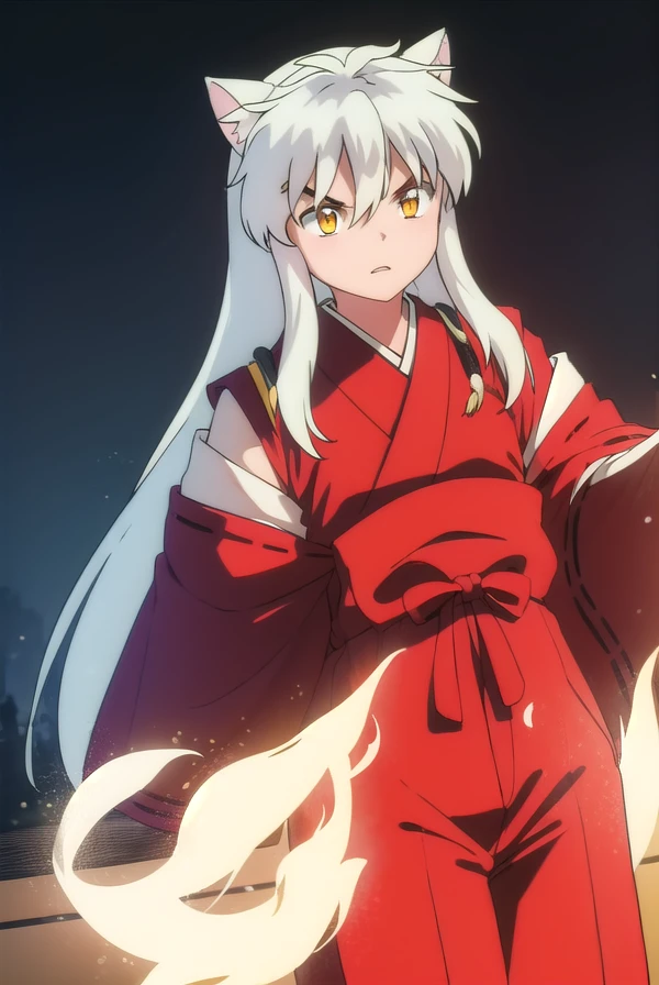inuyashamc, <lora:inuyasha anime s4-lora-nochekaiser:1>,
inuyasha, long hair, animal ears, white hair, male focus,dog ears, (yellow eyes:1.5),
BREAK japanese clothes, hakama, red hakama,
BREAK outdoors,
BREAK looking at viewer, (cowboy shot:1.5),
BREAK <lyco:GoodHands-beta2:1>, (masterpiece:1.2), best quality, high resolution, unity 8k wallpaper, (illustration:0.8), (beautiful detailed eyes:1.6), extremely detailed face, perfect lighting, extremely detailed CG, (perfect hands, perfect anatomy),