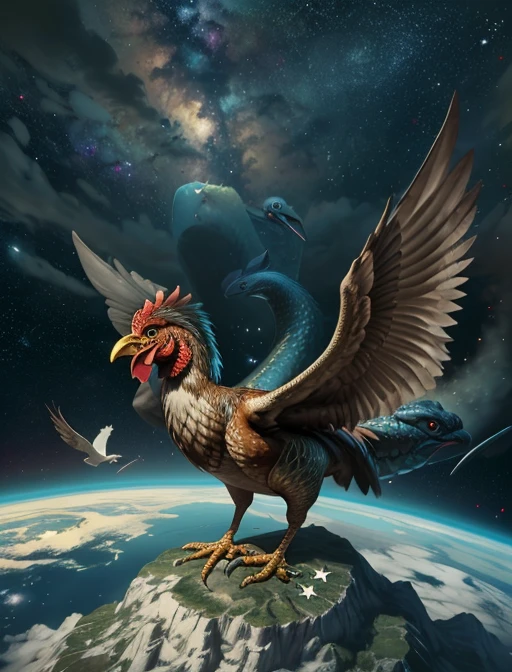 best quality, masterpiece, highres, detailed realistic, <lora:Detail - add_detail:0.2>, Cockatrice, chicken, bird, wings, snake, <lora:Cockatrice:0.6>, no humans, space, stars,