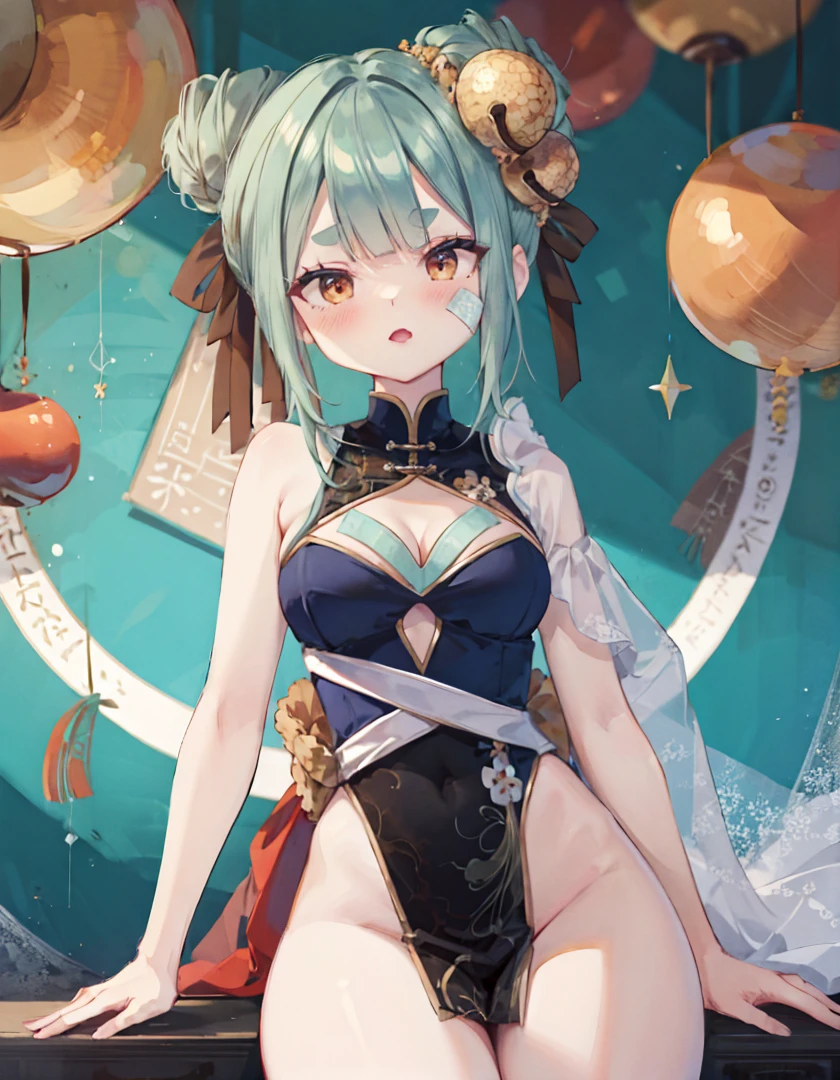 Wearing a bikini、Wearing a hat,Wearing headphones, (masterpiece, best quality) detailed,silver accessories , Blonde ,elegant, Pointed ears ，Chinese element pattern，Wear a white shirt,Navel exposed,Barefoot