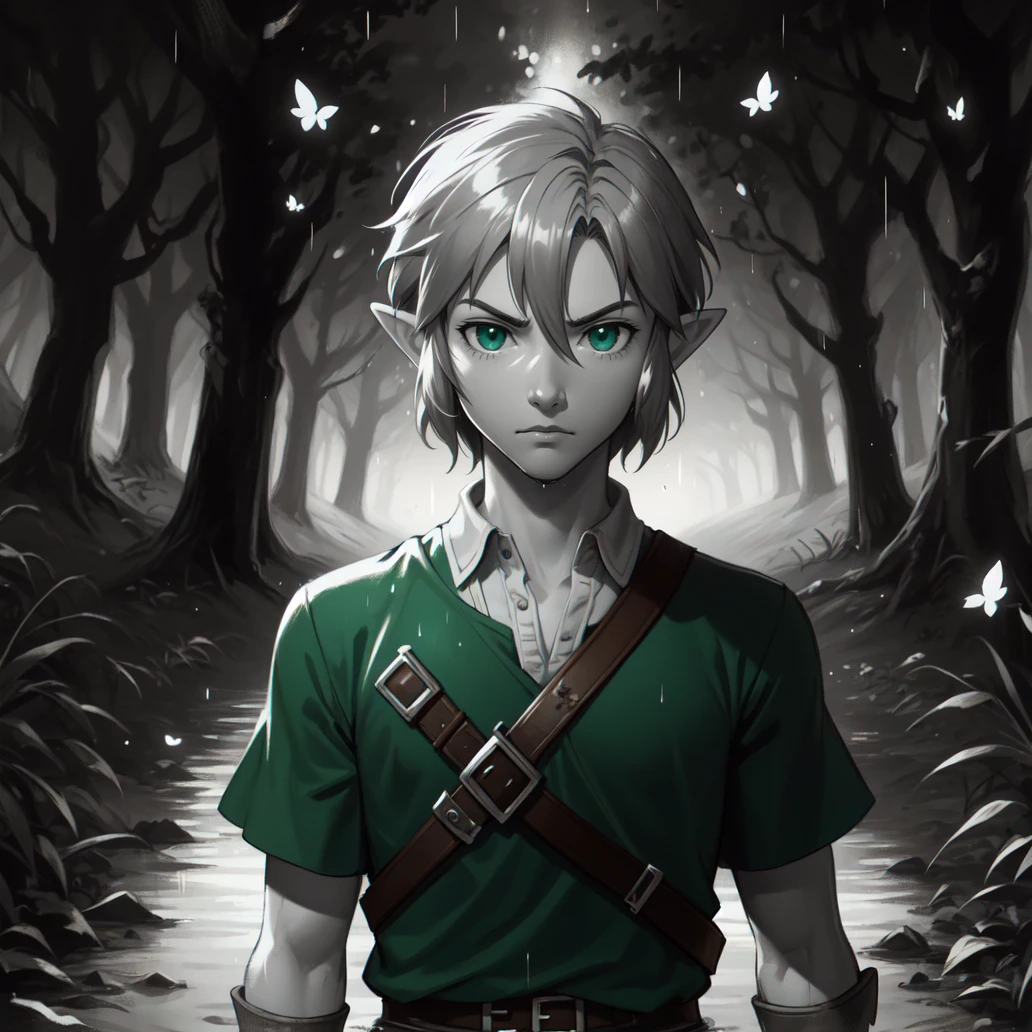 (masterpiece, best quality:1.2), (monochrome, spot color:1.08), 1boy, link, from the legend of zelda, green tunic, looking a viewer, serious, short hair, night, dark, fireflies, rain, somber