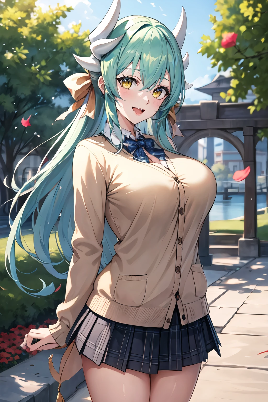masterpiece, best quality, highres, aakiyo, long hair, aqua hair, white horns, hair bow, yellow bow, yellow eyes, <lora:kiyohime_(lancer)_v1:0.7>, cardigan, plaid skirt, arms behind back, smile, open mouth, petals, outdoors, big breasts <lora:Doco-Style-v1_428072:1>