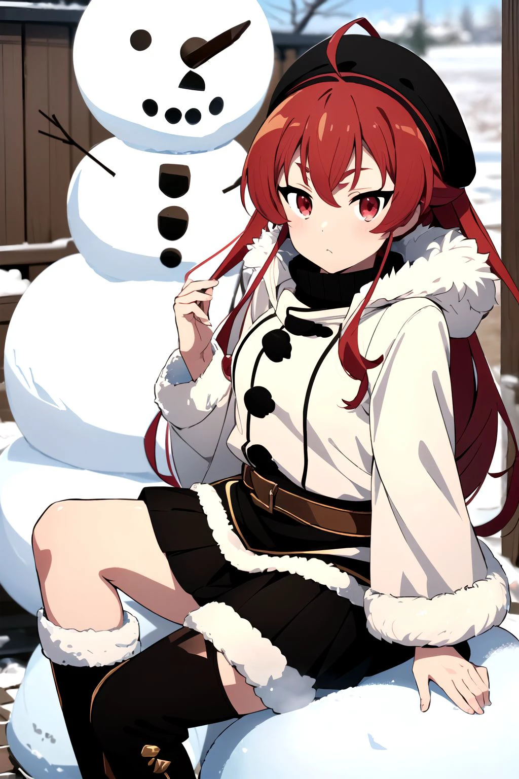 (masterpiece:1.4), (best quality:1.4), (((pixel-perfect, detail-perfect))), 1girl, solo, eris boreas greyrat, red hair, long hair, hair between eyes, ahoge, red eyes,  small breasts, (winter clothes, karakul, fur-trimmed coat, long sleeves, open coat, black turtleneck sweater, fur-trimmed skirt, black pantyhose, knee boots:1.45), looking at viewer, (detailed background, snowscape, snowman:1.45), detailed, flat, flat colors, 2D, (anime:1.45),  <lora:Eris Boreas Greyrat (Mushoku Tensei):0.7>