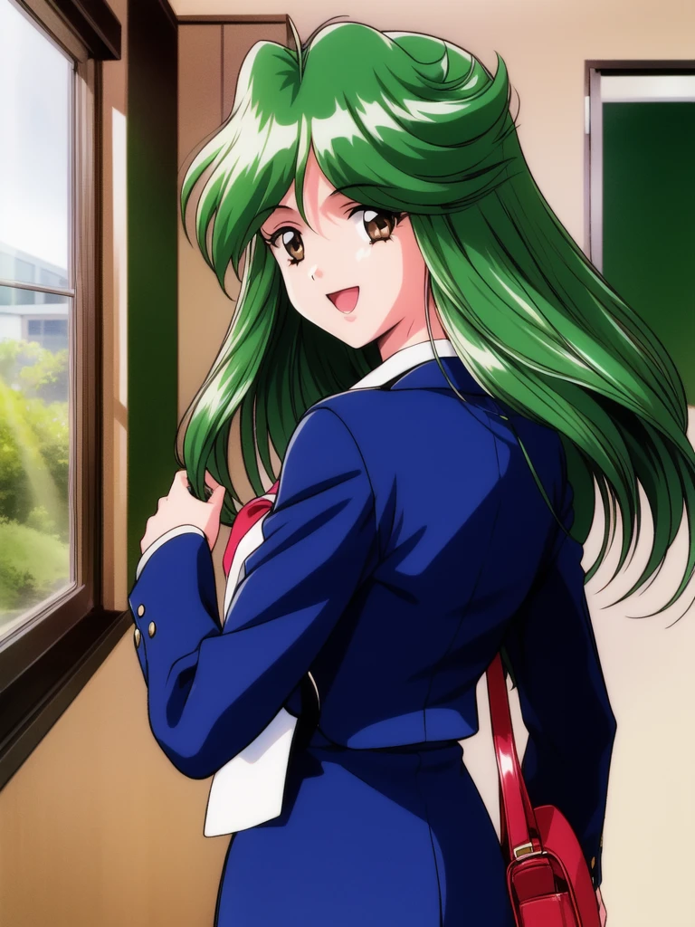 <lora:asoukasumi_TM2:1>,  asoukasumi TM2, 1girl, solo, long hair, green hair, bag, retro artstyle, smile, brown eyes, 1990s (style),  long sleeves, handbag, ascot, looking at viewer, jacket, shoulder bag, smile, from behind,
school in the room, open mouth,
masterpiece, high quality, very_high_resolution, large_filesize, full color,