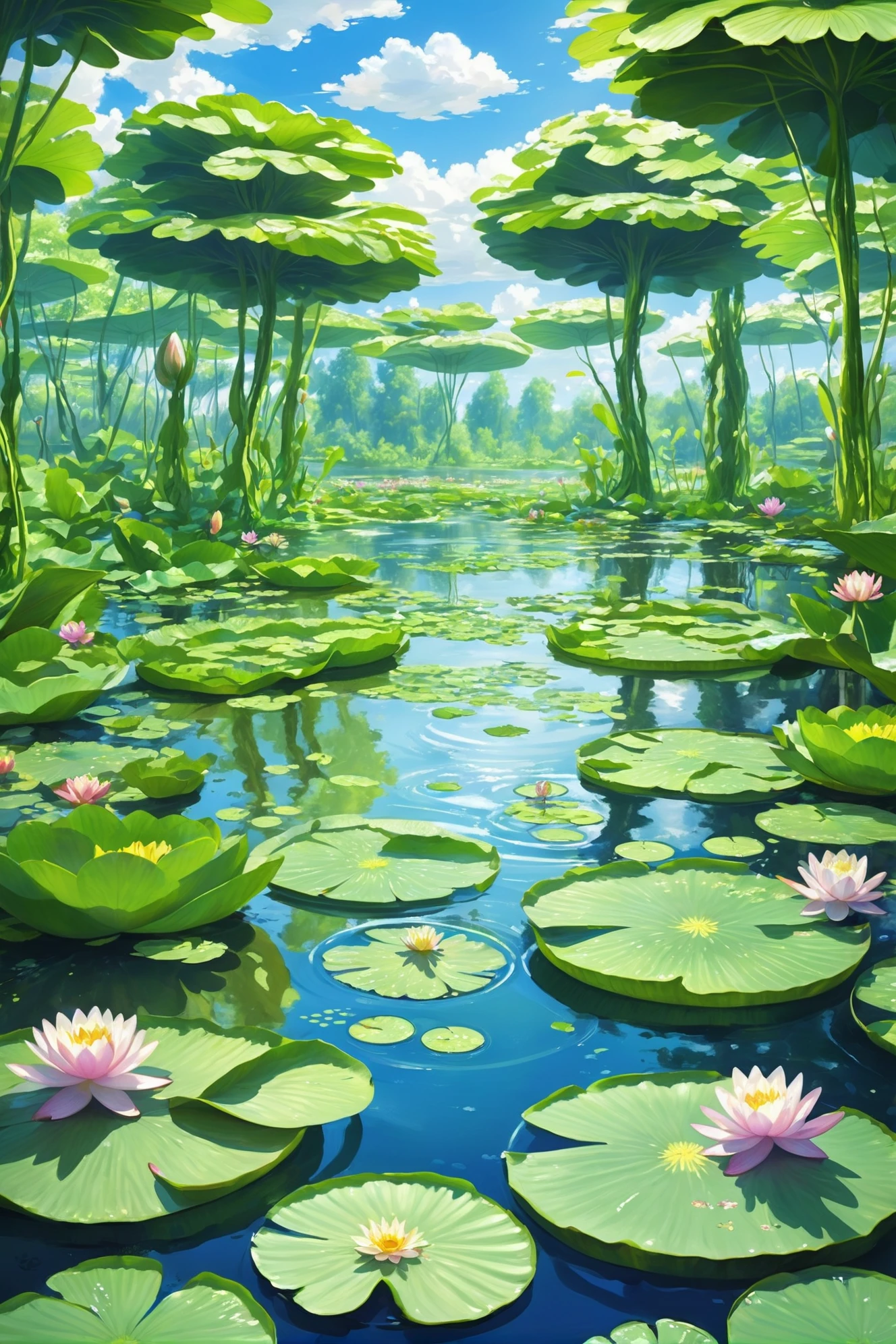 <lora:EnvyBiophilicXL01:1>noon, blue sky, clouds, scenery,  Flooded forest with water lilies in a Fae Ring Clearing<lora:EnvyBetterHiresFixXL01:0:hr=1>