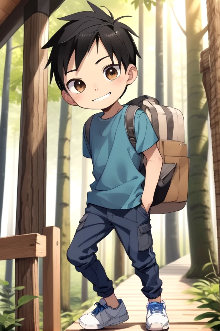 <lora:cutifiedanimecharacterdesign_variant_type_D_SDXL_v10:0.7>
type-d, solo, looking at viewer, smile, short hair, shirt, black hair, 1boy, brown eyes, male focus, male child, wooden village, forest, full shot, sneakers, (straight on;1,2), front facing viewer, outside, bagpack