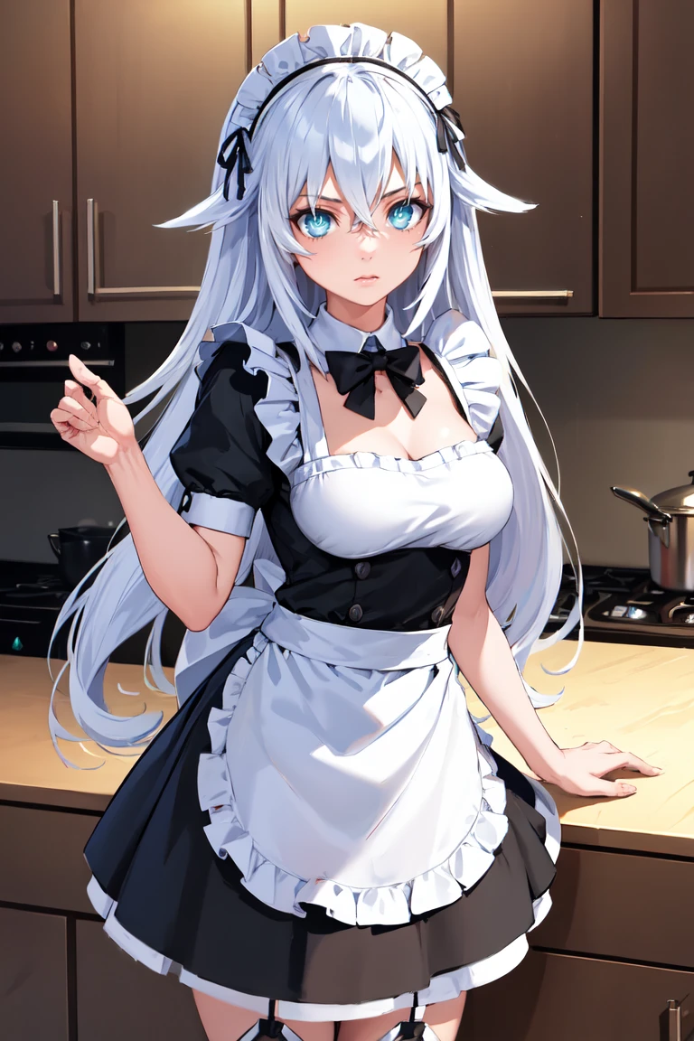 masterpiece, best quality, absurdres, BlackHeart, symbol-shaped pupils, maid, maid headdress, maid apron, kitchen, <lora:BlackHeart:1>