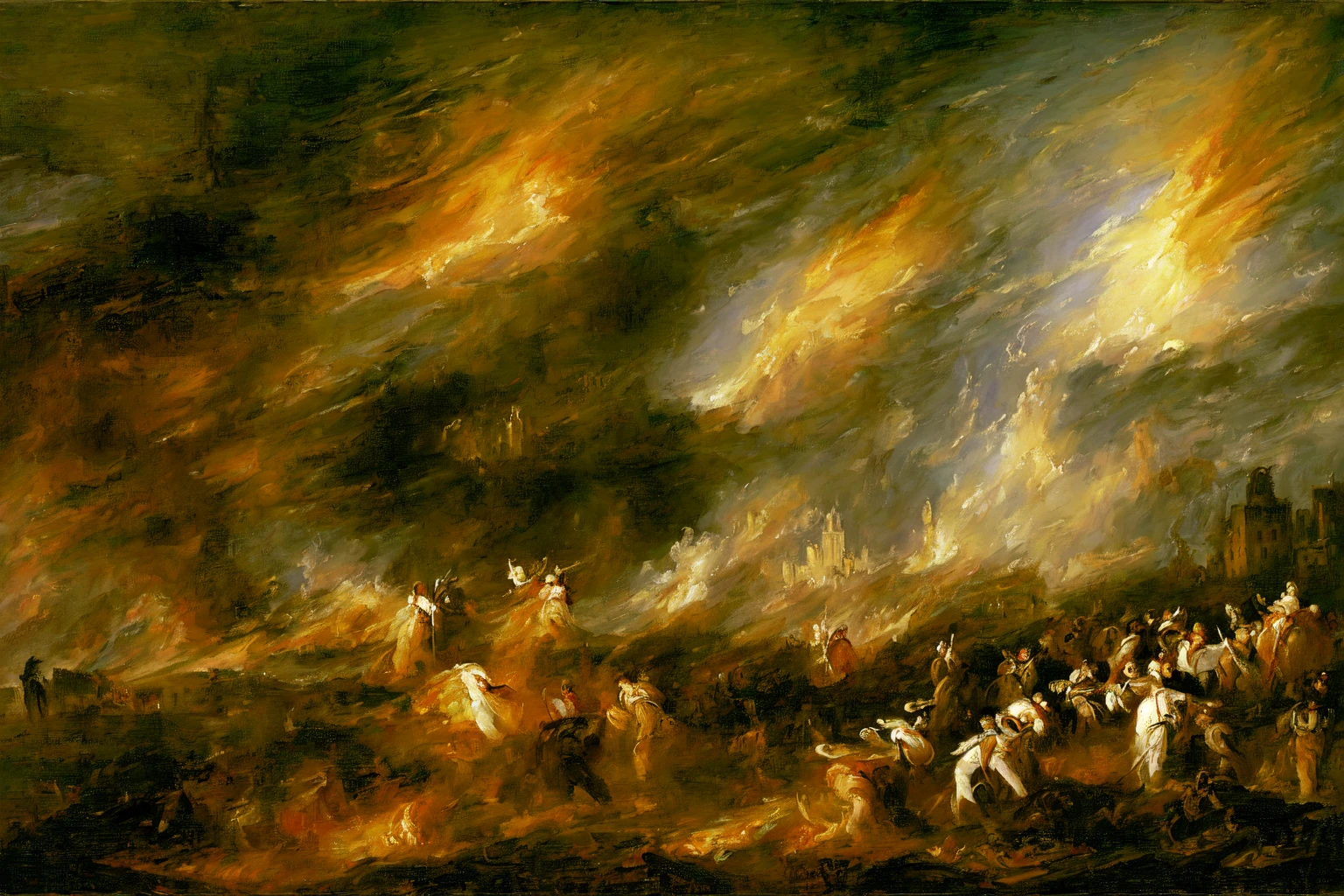 battle, siege, burning city, ((in the style of turner)), oil painting,