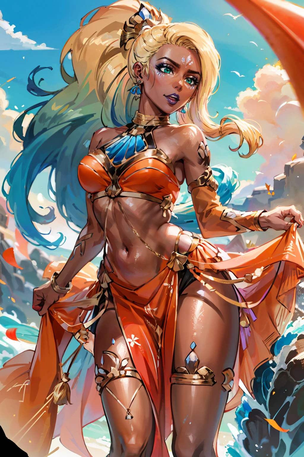 2d, masterpiece, best quality, anime, highly detailed face, perfect lighting, long hair, blonde hair, ponytail, green eyes, jewelry, makeup, earrings, multicolored hair, facial mark, lipstick, oc_nidalee, <lora:ocean_song_nidalee_1-10:0.9>, full body,