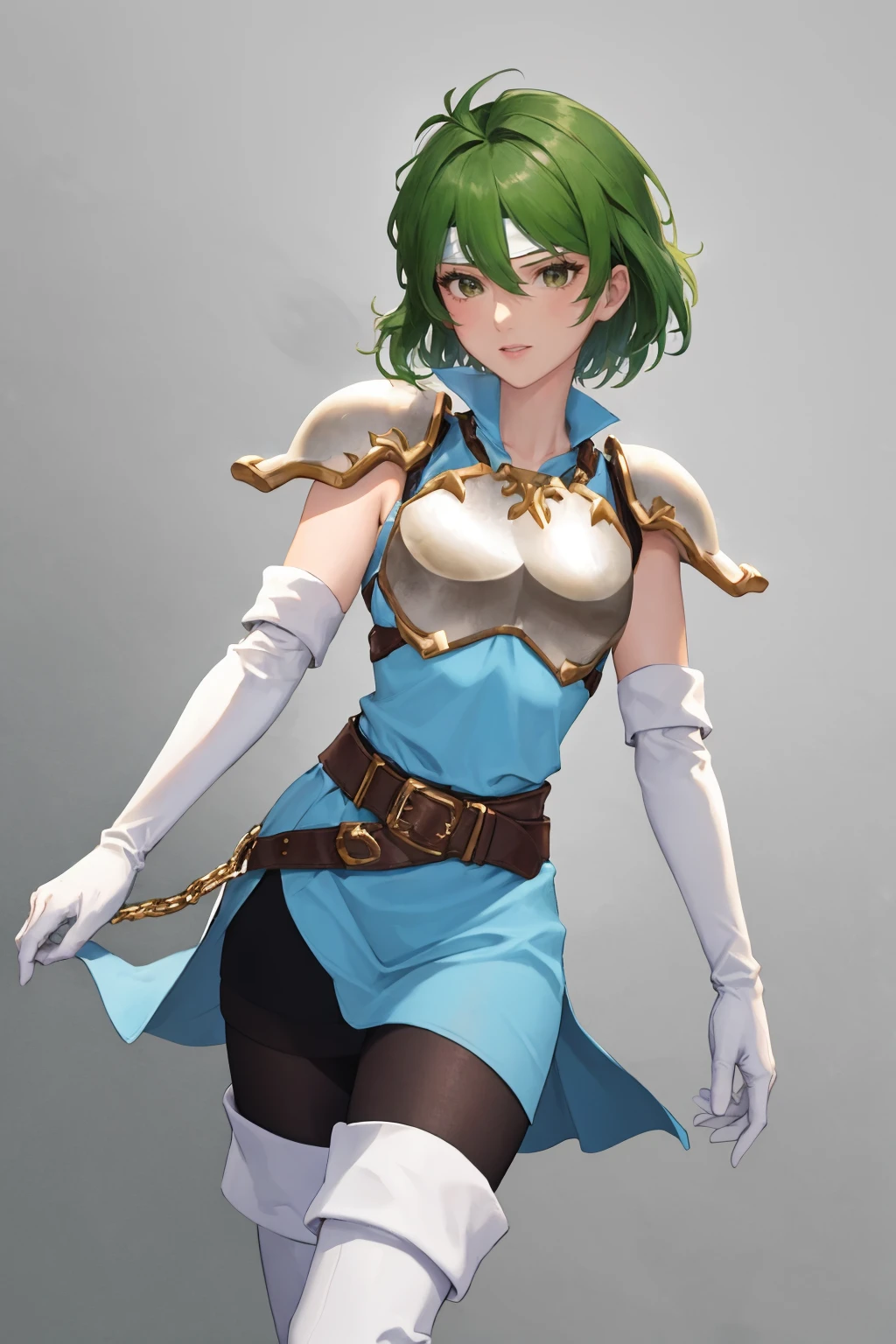 masterpiece, best quality, 1girl, solo, <lora:misha-fe-richy-v1-000012:1> misha, headband, shoulder armor, elbow gloves, breastplate, dress, belt, black tights, white thigh boots, short hair, messy hair