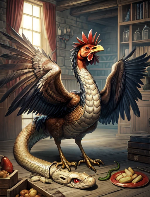 best quality, masterpiece, highres, detailed realistic, <lora:Detail - add_detail:0.2>, Cockatrice, chicken, bird, wings, snake, <lora:Cockatrice:0.6>, no humans, dungeon, indoors,