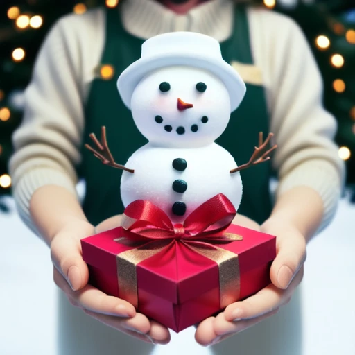 <lora:gift_v1:0.5>, gift, gift_box, snowman, hand