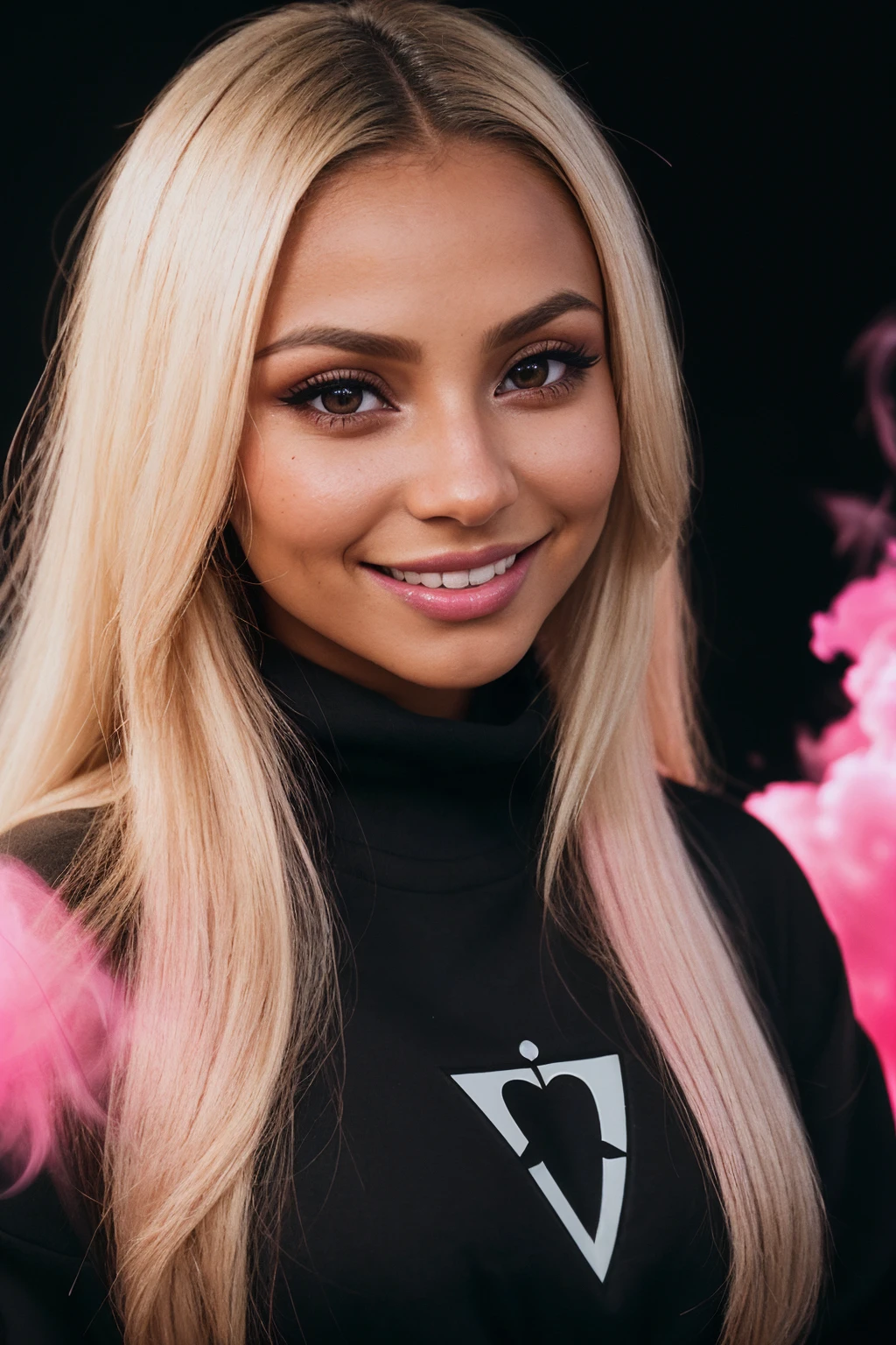 DV_Kirstin_Vicious (Blonde Hair :1.5)((Black Theme, Black backdrop:1.4)) (Close-Up Shot, headshot:1.4) wearing (Black sweatshirt :1.4) 35mm, F/2.8 ((Photo Focus, DOF, Aperture, insanely detailed and intricate, character, hypermaximalist, elegant, ornate, beautiful, exotic, revealing, appealing, attractive, amative, hyper realistic, super detailed, heresy flares)) (smiling at viewer:1.3)(volumetric pink smoke:1.3) (pink lens flare:1.2)(sharpness:1.3)(details:1.3)