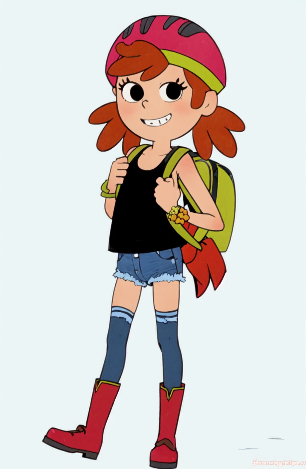 masterpiece, high quality, <lora:Amy Gillis SD1-5 V1:1> Amy Gillis, short hair, looking at viewer, smile, simple background, thighhighs, helmet, jewelry, standing, full body, boots, shorts, bag, orange hair, grin, black eyes, bracelet, backpack, tank top, denim, blue shorts, denim shorts