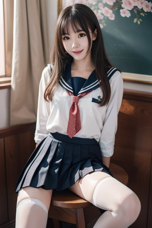 ltra-detailed,highly detailed,best quality,masterpiece,illustration,realistic,photorealistic, 
koudai, 1girl, solo, smile, 
school uniform, serafuku, sailor collar, pleated skirt, thighhighs, 
long hair, brown hair, bangs, 
looking at viewer, 
sitting, spread legs,
<lora:koudai_v1_03:0.7>