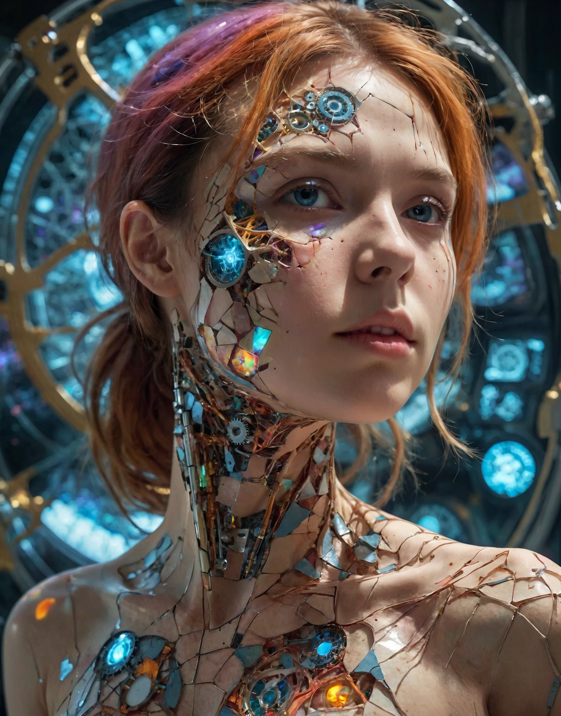 Human anatomy, beautiful girl, fragmented body parts, fractal fragmentation of body, segmentation fractal skin breaking off face, cgi surreal masterpiece, vibrant colors, rim lighting, mechanical clockwork interior, biosphere decomposition, high detail,cosmic filaments under skin, 16k, Astral concept art, sharp lines