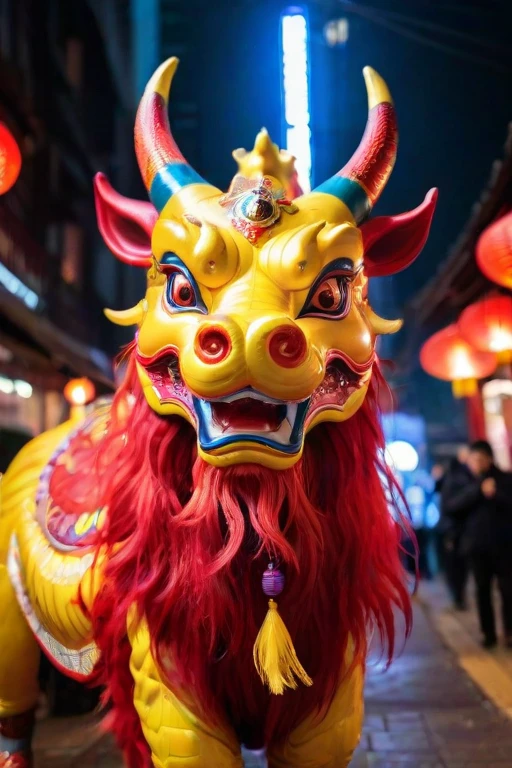 A vivid and ((multicolored Qilin), midnight, in a chinese red lantern festival street with people walking around), magnificent horns, vibrant feathers, majestic and legendary, captures attention with its vibrant hues, colorful high contrast, from china, festival of rich colors, hong kong, epic colors, formidable, rain, eyes lit, standing in the dark, anamorphic lens flares 4k, best of behance, holy flame crown spell, creative commons attribution, wallpaperflare, steven jung, trending on mentalray, hyper realstic, featured on pexels, big horn, highly beautiful, casting a magic spell, color overlay, ð, pr0f3ss10n4l, <lora:QilinSDXL:1.3> <lora:sdxl_LCM_lora_rank1:1.15>