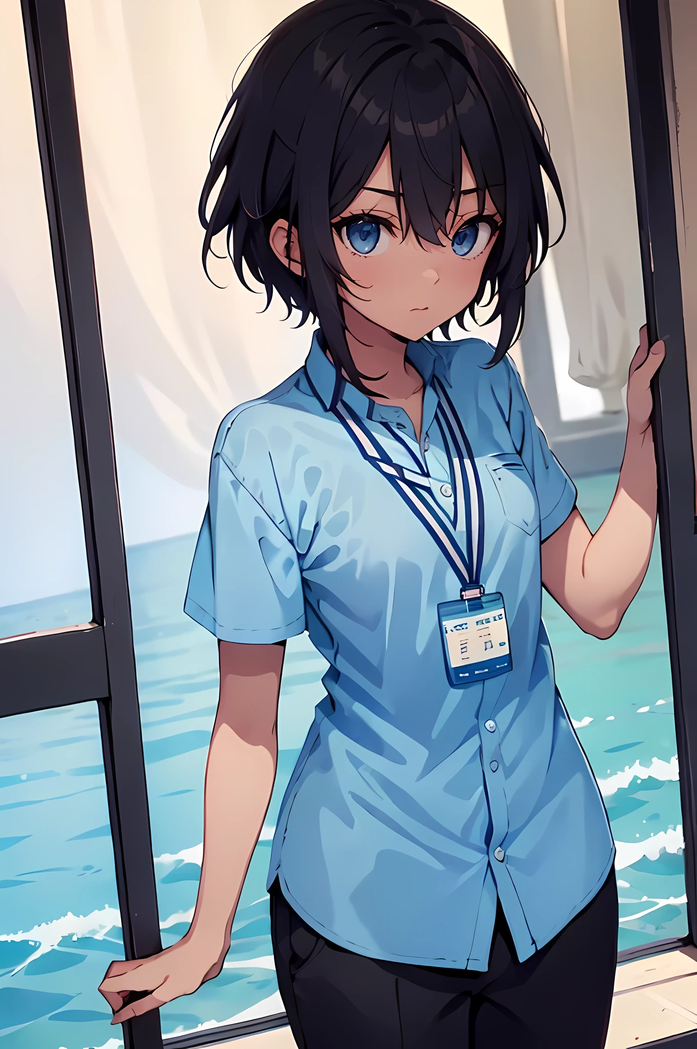 ((best quality)), (masterpiece), student, (detailed eyes), wearing uniform, short sleeves, light blue shirt, lanyard, black pants, standing, beach, anime