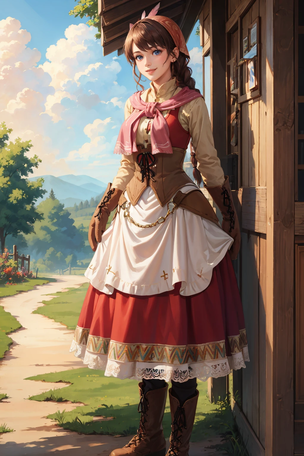 masterpiece, best quality, <lora:yunica-nvwls-v1-000009:0.9> yunica, braided ponytail, bandana, feather hair ornament, pink scarf, red dress, corset, apron, gloves, boots, cowboy shot, smile, clouds, sky, forest