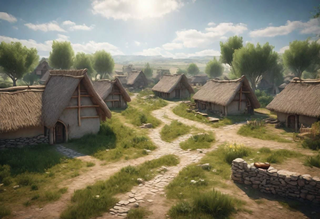 HDR,UHD,8K,Highly detailed,realistic,photo-realistic:1.37), Aa street of neolithic village near a river