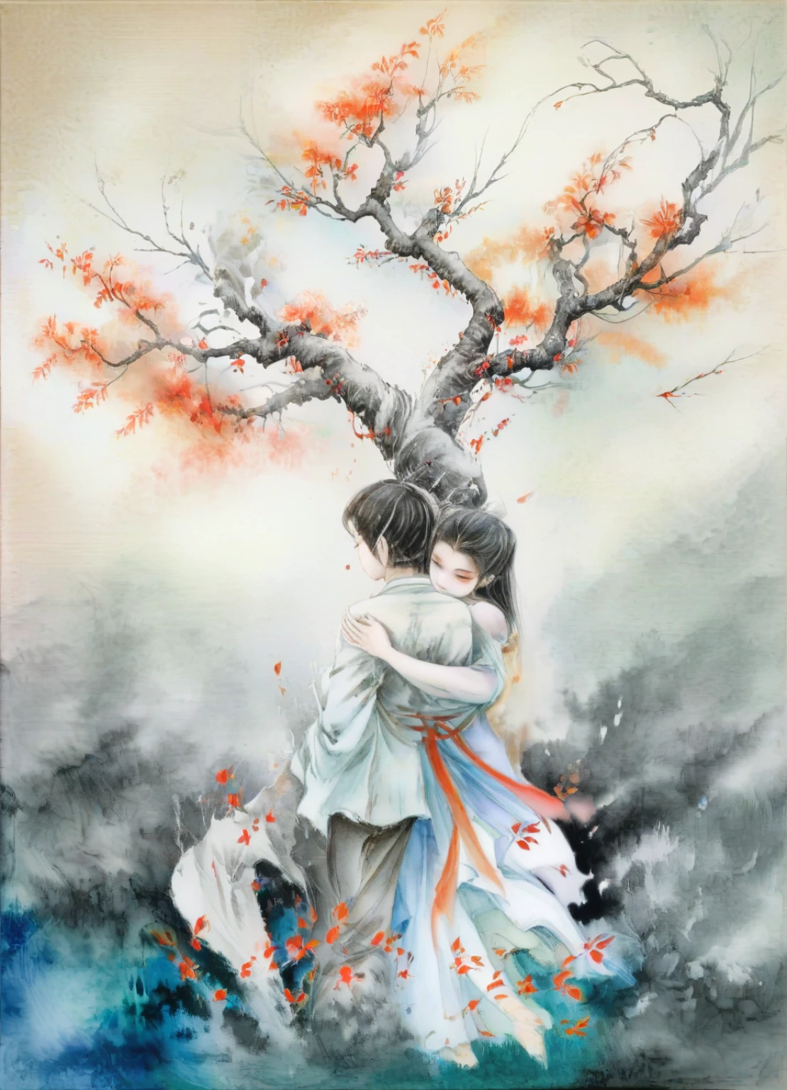 a girl hugging a boy under the tree