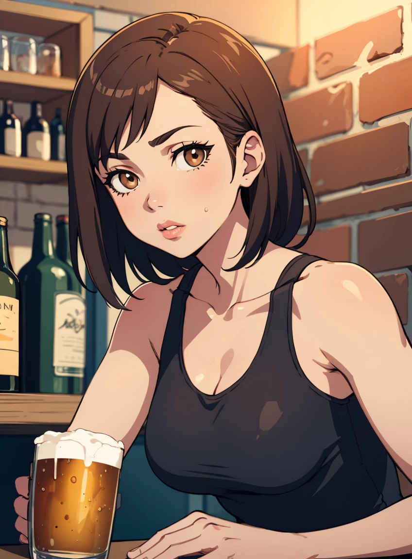 4k, fine detail, masterpiece, high quality eyes, high detail painting, soft shadows, best character art , 1girl, alcohol, bar, bare shoulders, beer, beer can, beer mug, blurry, blurry background, blurry foreground, bottle, breasts, brick wall, brown eyes, brown hair, cleavage, coffee cup, collarbone, counter, cup, depth of field, disposable cup, drink, drinking glass, drunk, holding bottle, holding cup, ice, ice cube, indoors, lips, looking at viewer, medium breasts, mug, solo, tank top, upper body, whiskey