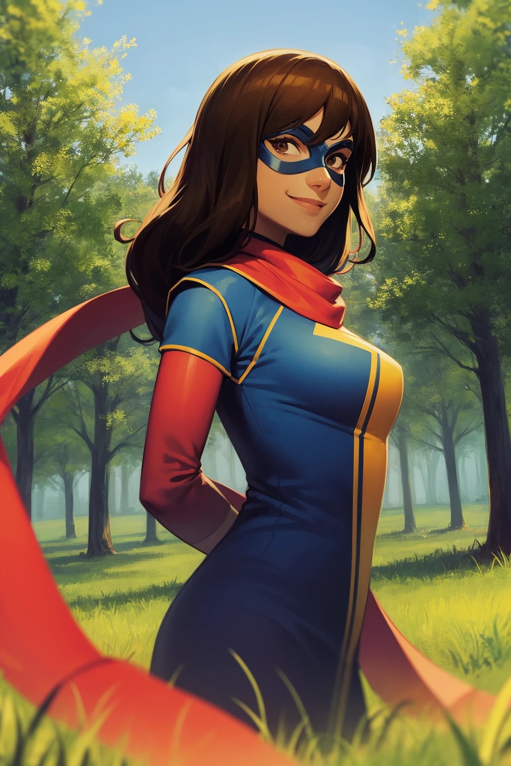 masterpiece, best quality, 1girl, kamalakhan, brown hair, long hair, brown eyes, mask, scarf, arms behind back, upper body, smile, looking at viewer, solo, trees, grass, blue sky, forest background <lora:KamalaKhan:1>