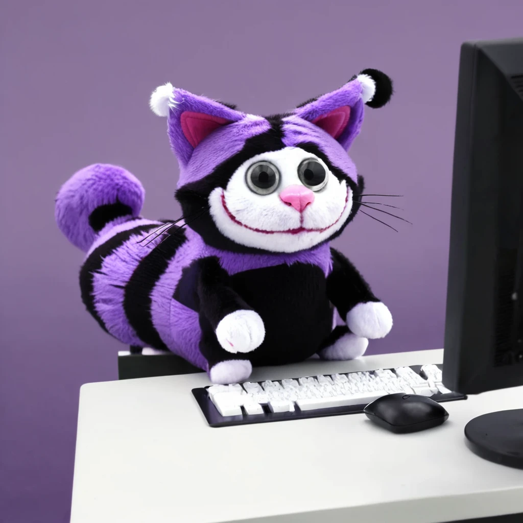 purple and black cheshire cat peepy sitting at a computer, commiting tax fraud <lora:pee-001200:0.9>