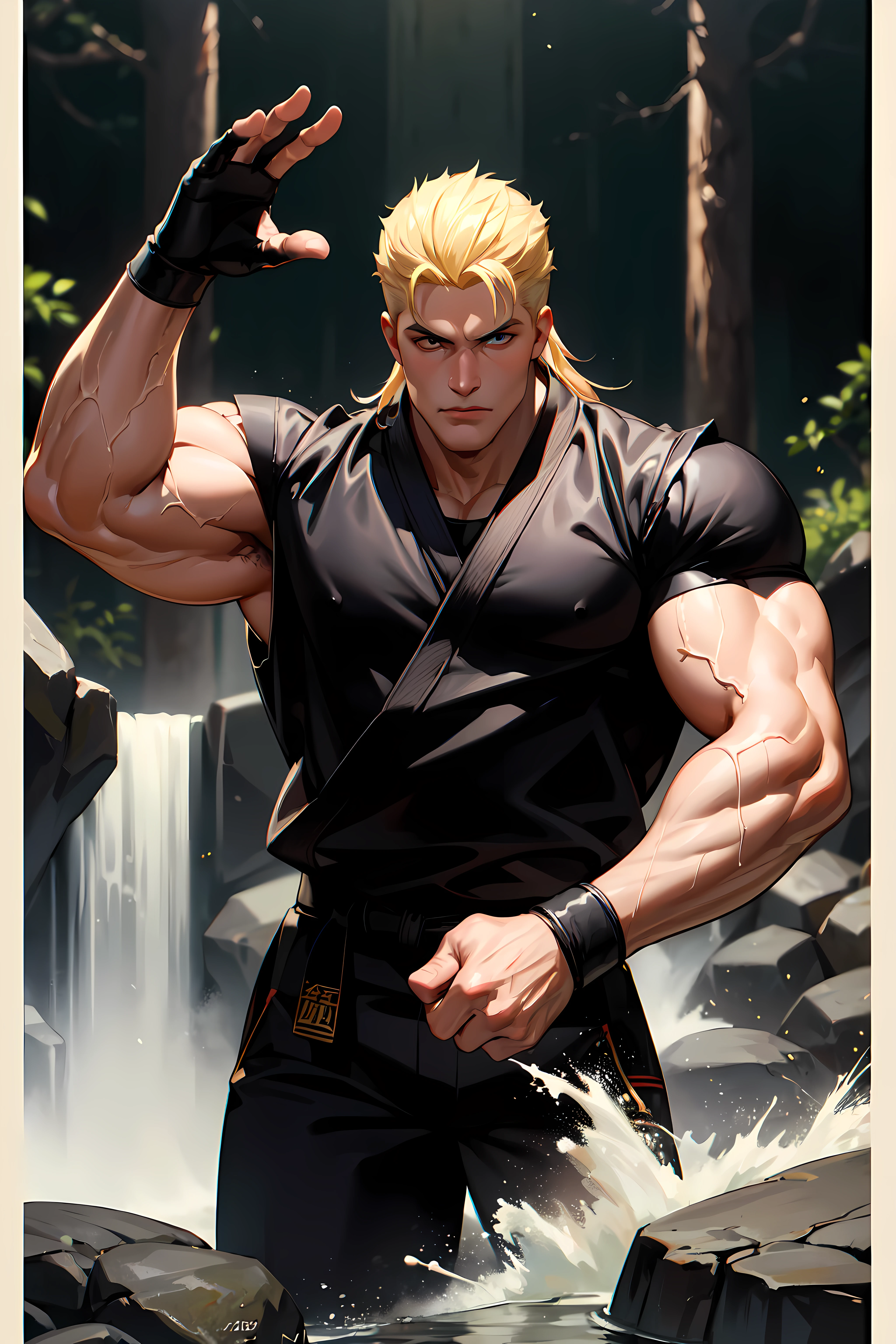 masterpiece,best quality, unreal engine, ultra res, extremely detailed,
RyoSaka, 1guy, muscular:1.2,
blonde, muscular arms,
black dougi, black pants, black belt, gloves,
masterpiece, highness, perfect face, perfect picture,
detailed eyes , sharp focus, fighting stance, at the waterfall,
 <lora:RyoSakazaki-DocStasis:0.7>