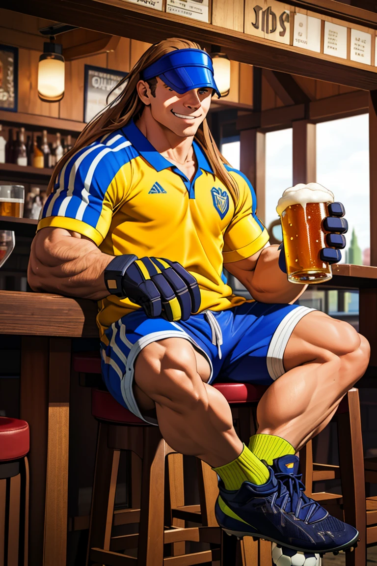 (masterpiece,  best quality:1.2),  man,  solo,  RobertoMiura, 1guy,  visor,  soccer jersey, long hair,  gloves,  shorts, cleats,  smirk,  (depth of field:1.1),  ,  photo of person,  at the pub,  holding a beer pint,  sitting.,  perfect face,  perfect picture,  detailed eyes,  sharp focus, best quality,<lora:EMS-222775-EMS:1.000000>