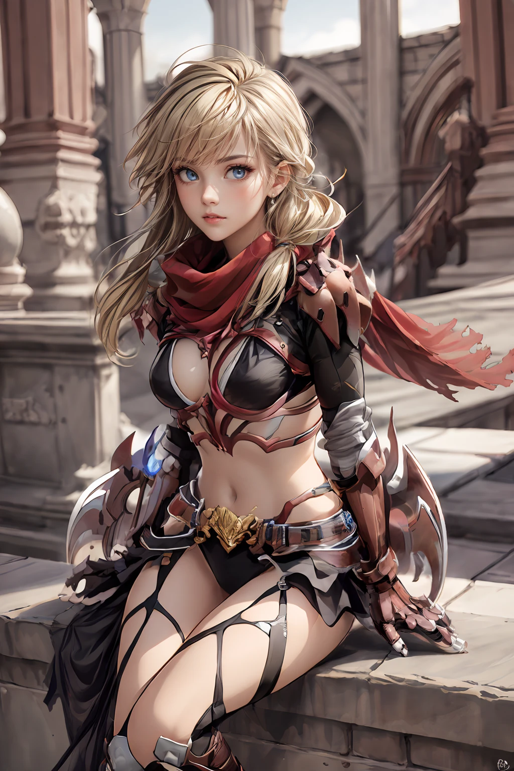 (masterpiece, best quality:1.2), absurdres, intricate detail, realistic, photorealistic, 4k, highres, 1girl, blonde hair, blue eyes, fierce, red scarf, bikini armor, ragnarok_gx <lora:ragnarok_gx-10:1>, medium shot, looking at viewer, sitting, arabian architecture background, dynamic colors, <lora:add_detail:0.8>