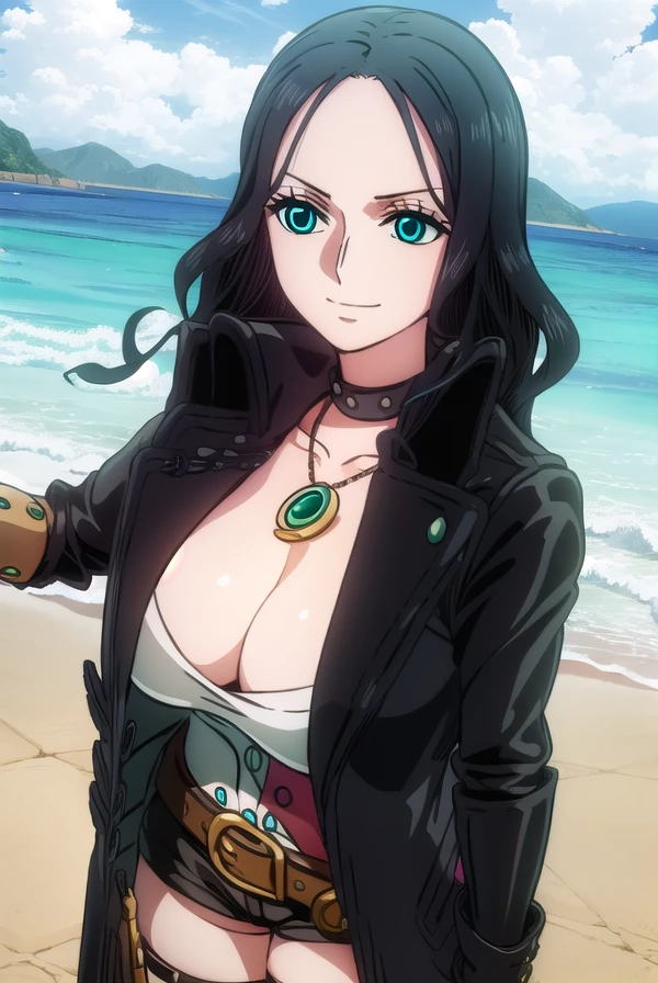 nicorobin, <lora:nico robin red movie-lora-nochekaiser:1>,
nico robin, long hair, (black hair:1.5), (forehead:1.2), (green eyes:1.3), smile,
BREAK gloves, cleavage, jewelry, open clothes, shorts, choker, black gloves, belt, necklace, bra, coat, short shorts, thigh strap, black shorts, buckle, open coat, black coat, bandana,
BREAK outdoors, ocean, boat,
BREAK looking at viewer, (cowboy shot:1.5),
BREAK <lyco:GoodHands-beta2:1>, (masterpiece:1.2), best quality, high resolution, unity 8k wallpaper, (illustration:0.8), (beautiful detailed eyes:1.6), extremely detailed face, perfect lighting, extremely detailed CG, (perfect hands, perfect anatomy),