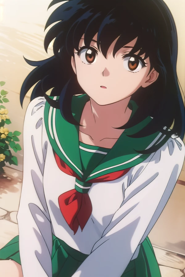 kagomehigurashi, <lora:kagome higurashi anime s4-lora-nochekaiser:1>,
kagome higurashi, long hair, (black hair:1.5), retro artstyle, (brown eyes:1.5),
BREAK skirt, shirt, long sleeves, school uniform, white shirt, pleated skirt, serafuku, sailor collar, neckerchief, green skirt, red neckerchief,
BREAK outdoors,
BREAK looking at viewer, (cowboy shot:1.5),
BREAK <lyco:GoodHands-beta2:1>, (masterpiece:1.2), best quality, high resolution, unity 8k wallpaper, (illustration:0.8), (beautiful detailed eyes:1.6), extremely detailed face, perfect lighting, extremely detailed CG, (perfect hands, perfect anatomy),