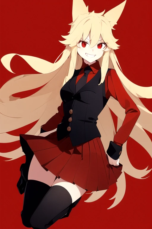 <lora:Moge-ko-08:0.5>, 1girl, solo, long hair, blonde hair, simple background, red eyes, long black sleeves, animal ears, tail, cowboy shot, pleated skirt, grin, vest, red skirt, (red shirt), black necktie, long black stockings, black boots, from the front, full body, masterpiece